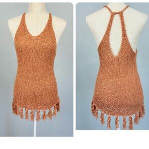 Shyanne Knit Fringe Racerback Tank M Tan Western Cowgirl Country Boho Festival